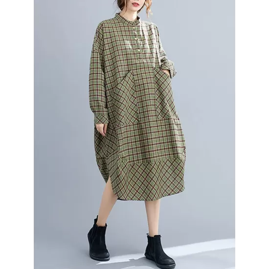 Vintage Plaid Irregularity Shirt Dresses