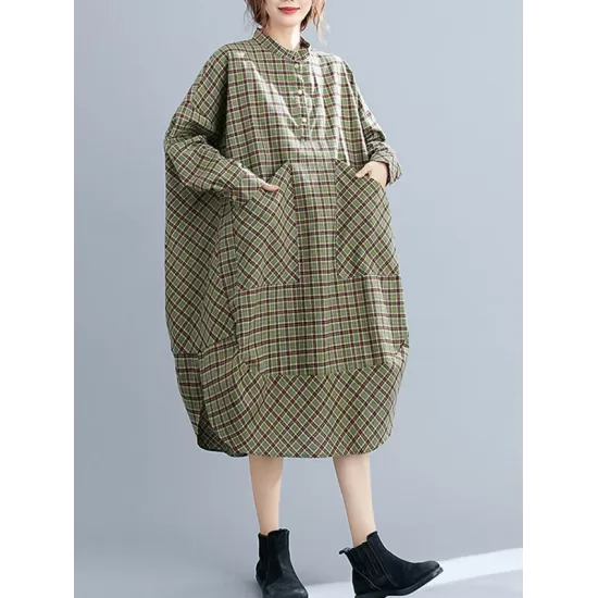 Vintage Plaid Irregularity Shirt Dresses