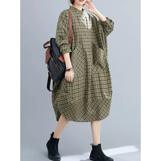 Vintage Plaid Irregularity Shirt Dresses