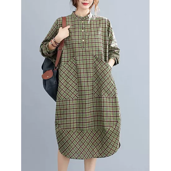 Vintage Plaid Irregularity Shirt Dresses