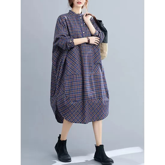 Vintage Plaid Irregularity Shirt Dresses