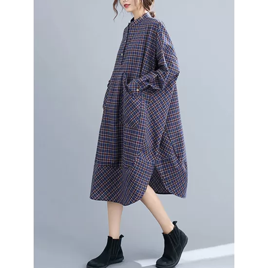 Vintage Plaid Irregularity Shirt Dresses