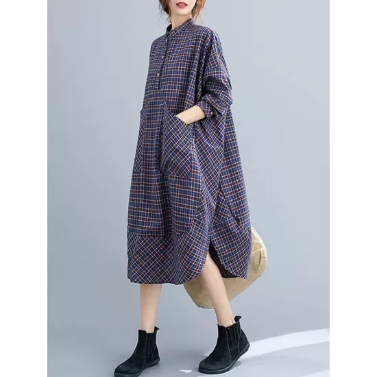 Vintage Plaid Irregularity Shirt Dresses