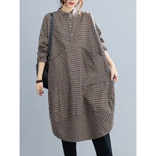 Vintage Plaid Irregularity Shirt Dresses