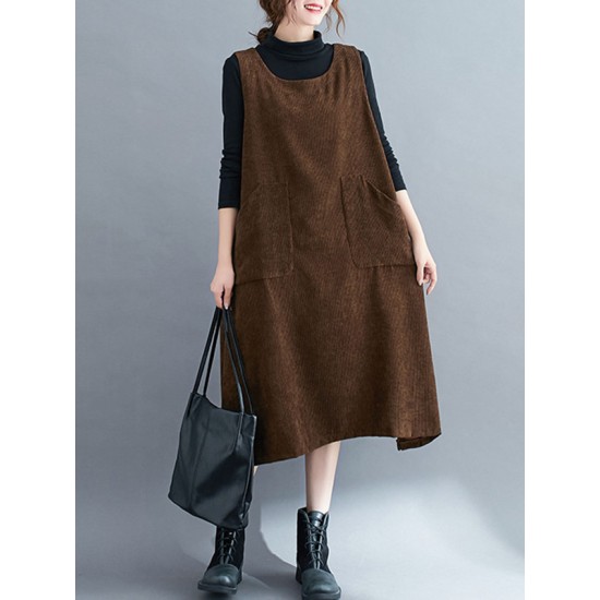 Corduroy Sleeveless Split-Joint Round-Neck Midi Dress