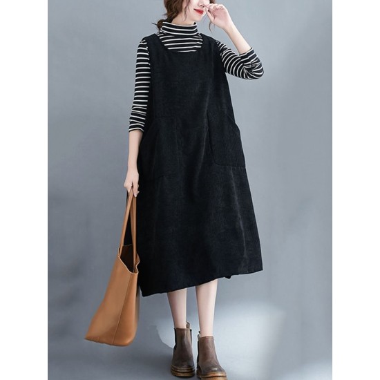 Corduroy Sleeveless Split-Joint Round-Neck Midi Dress