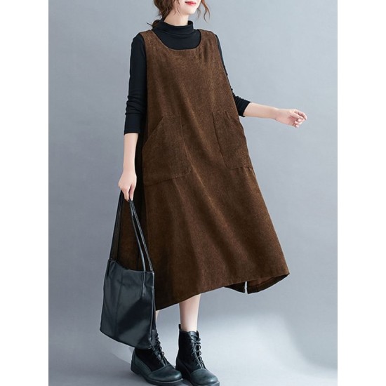 Corduroy Sleeveless Split-Joint Round-Neck Midi Dress