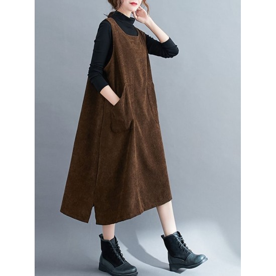 Corduroy Sleeveless Split-Joint Round-Neck Midi Dress