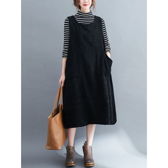 Corduroy Sleeveless Split-Joint Round-Neck Midi Dress