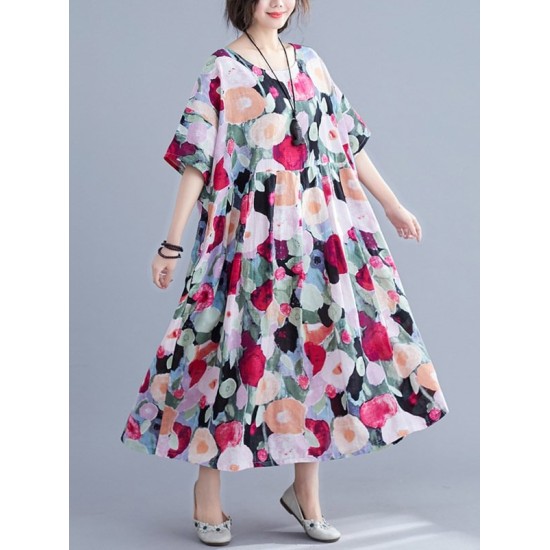 Original Floral Round-Neck Dresses