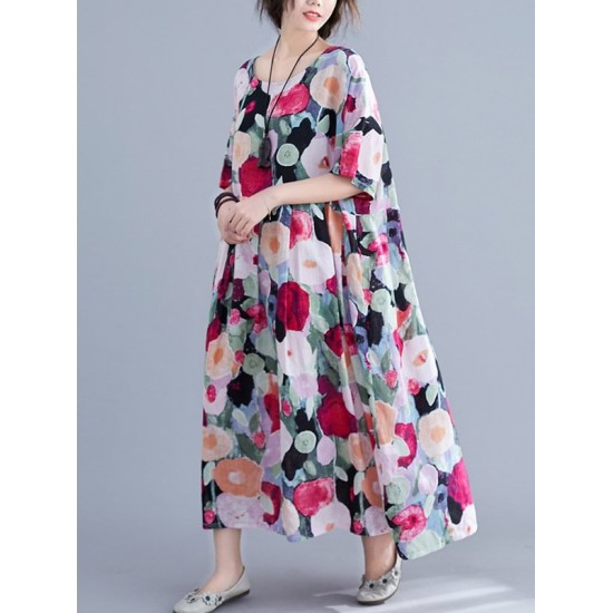 Original Floral Round-Neck Dresses