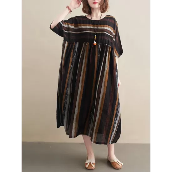 Original Cotton Blend Stripe Half Sleeve Maxi Dress