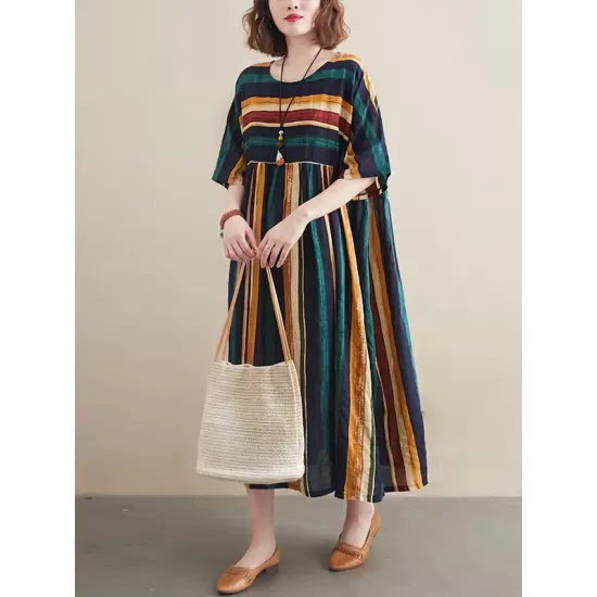 Original Cotton Blend Stripe Half Sleeve Maxi Dress