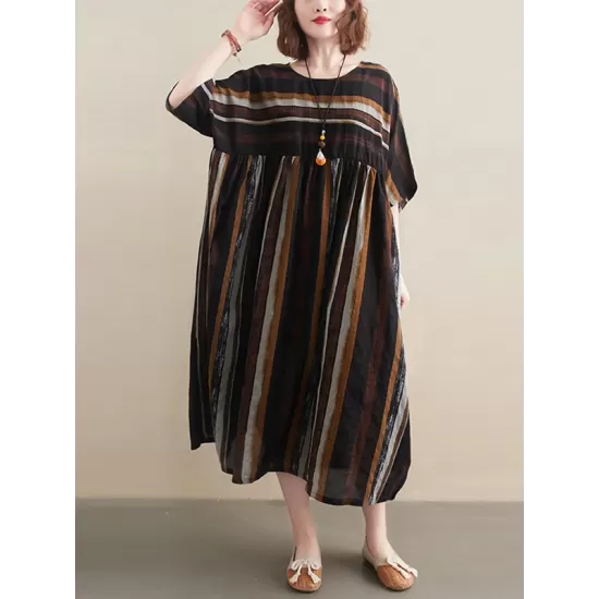 Original Cotton Blend Stripe Half Sleeve Maxi Dress