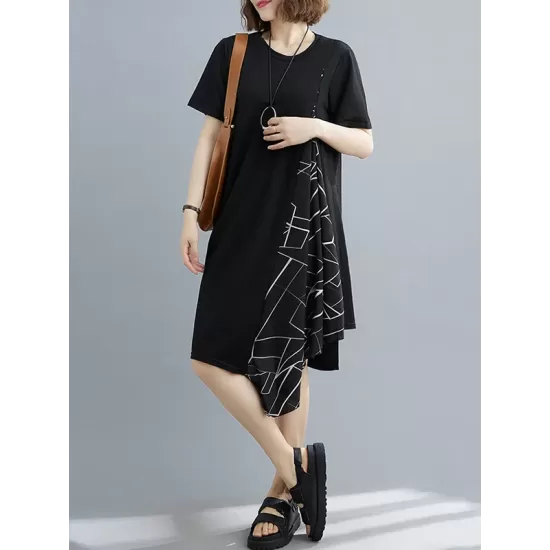 Artistic Irregular Printed Split-Joint Loose Short Sleeve Dress