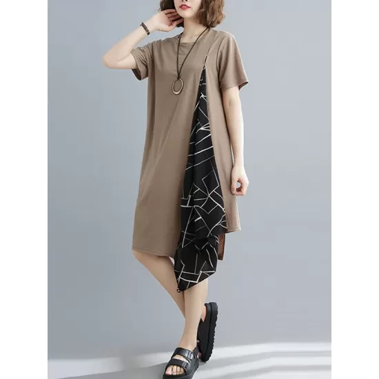 Artistic Irregular Printed Split-Joint Loose Short Sleeve Dress