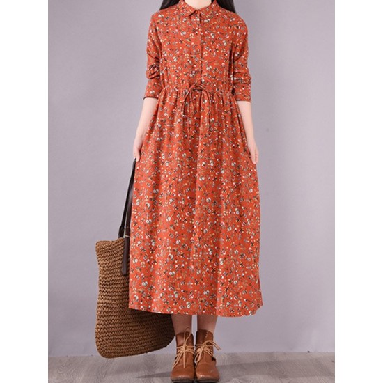 Original Lapel Frenum Floral Printed Midi Dress