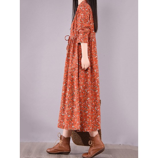 Original Lapel Frenum Floral Printed Midi Dress