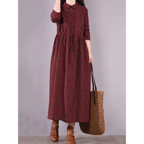 Original Lapel Frenum Floral Printed Midi Dress