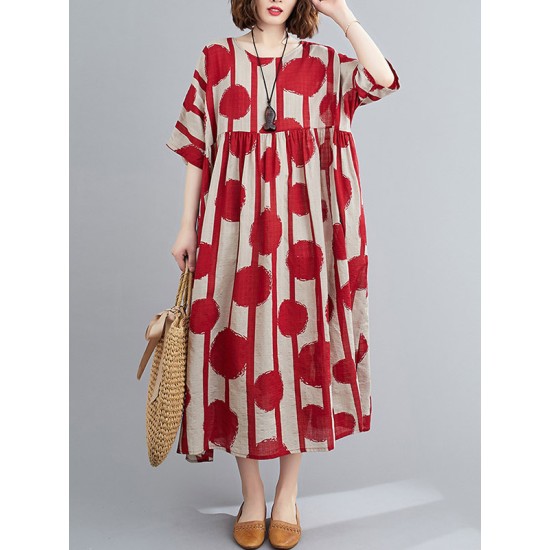 Original Polka-Dot Split-Joint Round-Neck Midi Dress