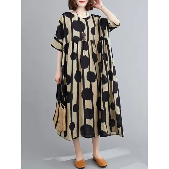 Original Polka-Dot Split-Joint Round-Neck Midi Dress