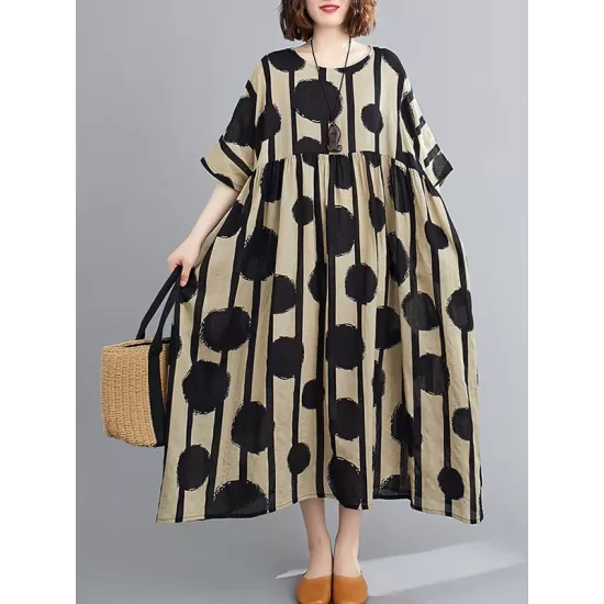 Original Polka-Dot Split-Joint Round-Neck Midi Dress