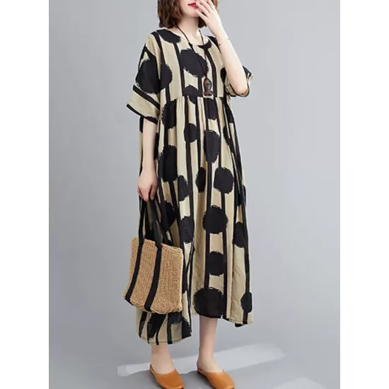 Original Polka-Dot Split-Joint Round-Neck Midi Dress