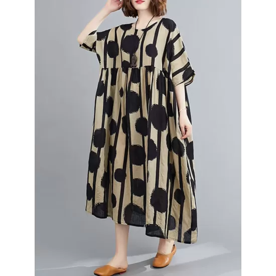 Original Polka-Dot Split-Joint Round-Neck Midi Dress