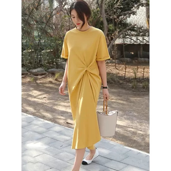 Original Solid Color Irregularity Pleats Midi Dress