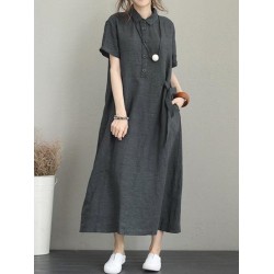 Original Cotton-Blend Lapel Solid Color Dress