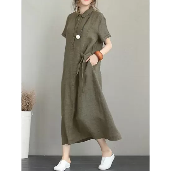 Original Cotton-Blend Lapel Solid Color Dress