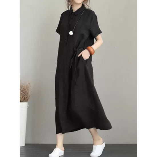 Original Cotton-Blend Lapel Solid Color Dress