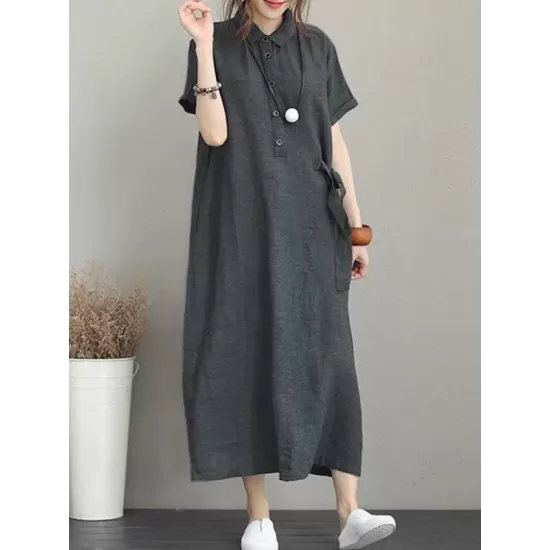 Original Cotton-Blend Lapel Solid Color Dress