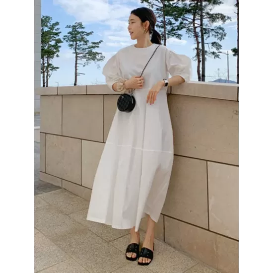 Casual Round-Neck Bishop Sleeve Loose Solid Color Midi Dress