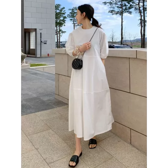 Casual Round-Neck Bishop Sleeve Loose Solid Color Midi Dress