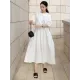 Casual Round-Neck Bishop Sleeve Loose Solid Color Midi Dress