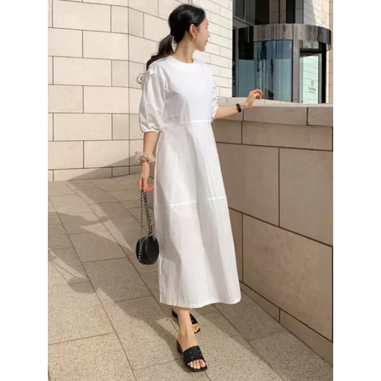 Casual Round-Neck Bishop Sleeve Loose Solid Color Midi Dress