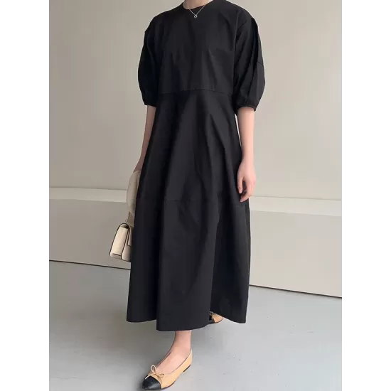 Casual Round-Neck Bishop Sleeve Loose Solid Color Midi Dress