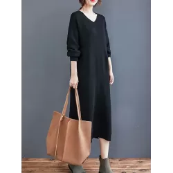 Loose Casual Solid Color V-Neck Long Sleeves Knitted Midi Dress