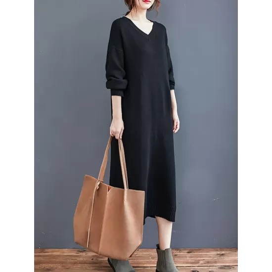 Loose Casual Solid Color V-Neck Long Sleeves Knitted Midi Dress