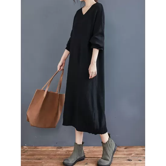 Loose Casual Solid Color V-Neck Long Sleeves Knitted Midi Dress