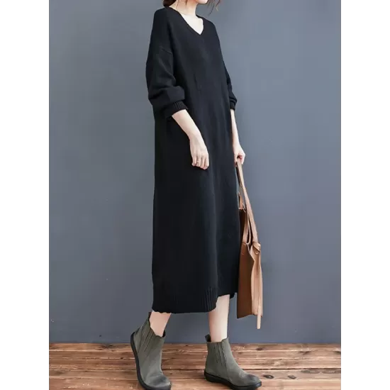 Loose Casual Solid Color V-Neck Long Sleeves Knitted Midi Dress