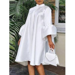 Urban Buttoned Solid Color Stand Collar Flared Sleeve Loose Midi Dress