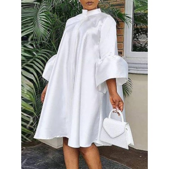 Urban Buttoned Solid Color Stand Collar Flared Sleeve Loose Midi Dress