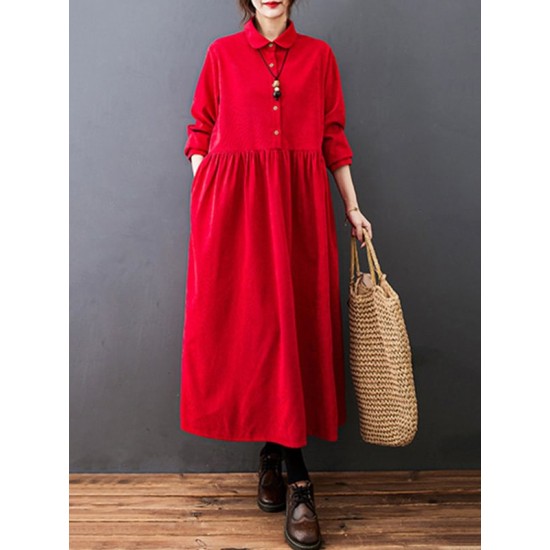 Vintage Split-Joint Solid Color Long Sleeves Lapel A-Line Corduroy Midi Dress