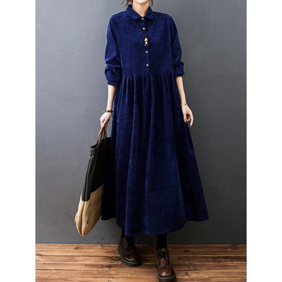 Vintage Split-Joint Solid Color Long Sleeves Lapel A-Line Corduroy Midi Dress