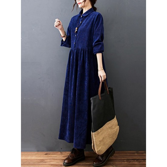 Vintage Split-Joint Solid Color Long Sleeves Lapel A-Line Corduroy Midi Dress