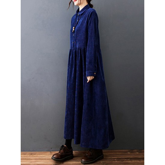 Vintage Split-Joint Solid Color Long Sleeves Lapel A-Line Corduroy Midi Dress