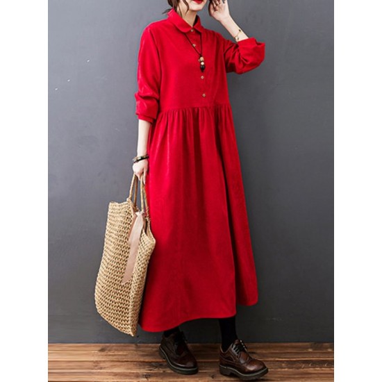 Vintage Split-Joint Solid Color Long Sleeves Lapel A-Line Corduroy Midi Dress