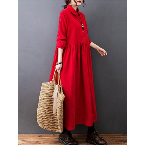 Vintage Split-Joint Solid Color Long Sleeves Lapel A-Line Corduroy Midi Dress